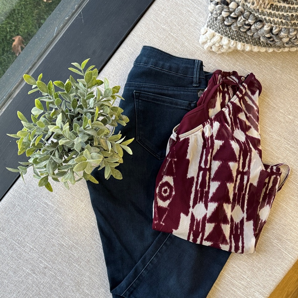 INC International Concepts Burgundy and White Blouse with Navy Skinny Jeans